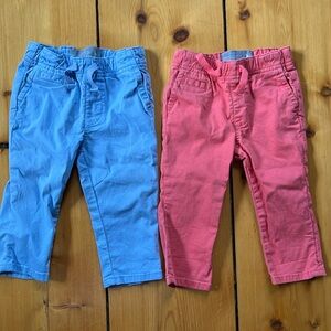 Primary toddler/baby cotton pants set of two in blue and coral. 6-12 months.